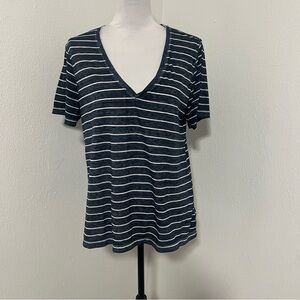 Lucky Brand Women’s Large Navy/White Striped V-Neck Tee Casual Everyday